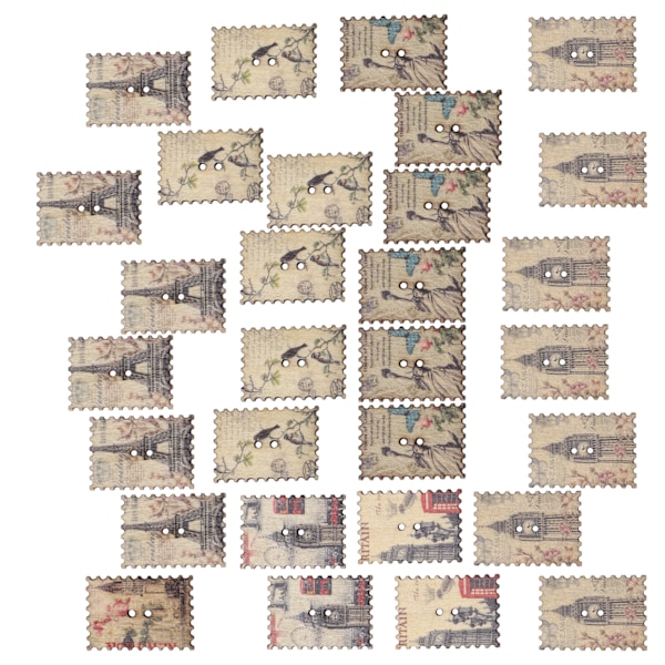 30 stk tre knapper retro frimerker form trebrikker dekorasjonstilbehør for DIY håndverk sying