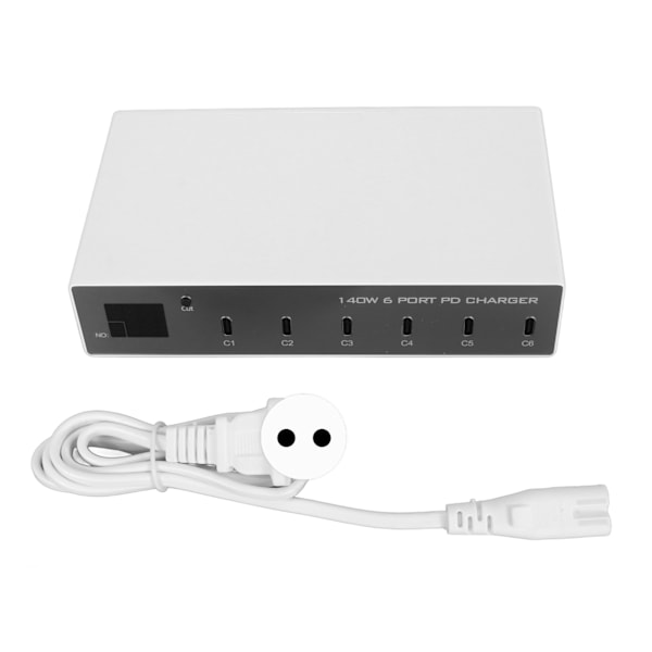 140W USB C-lader strømadapter 6-porters PD-lader mobiltelefon digital smart hurtigladestasjon for iPhone for Android-telefon 100-240V EU-plugg