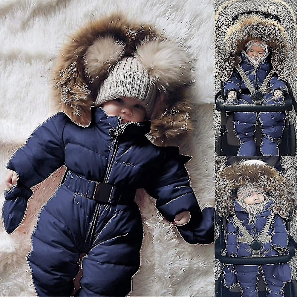 Hættetrøje til baby - 0-24 måneder - Unisex - Romper med pels krave 80cm Mørkeblå