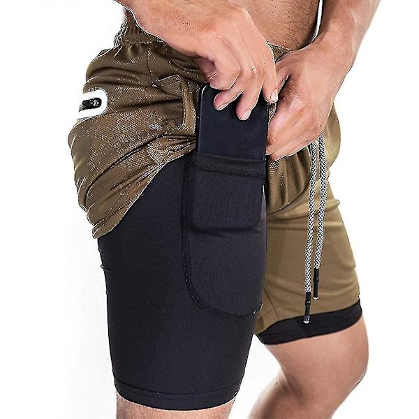 Lett og hurtigtørkende 2-i-1 løpe- og treningshorts for menn - Khaki-L