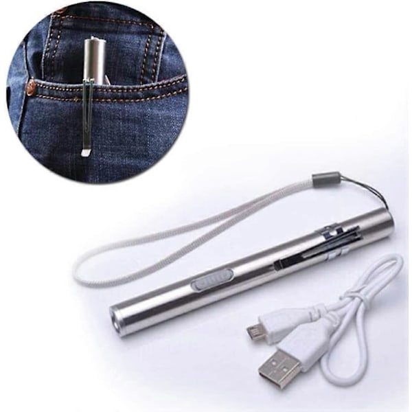 LED USB Penlight Mini Diagnostisk Medicinsk Pen Lommelygte, Rustfrit Stål Vandtæt Genopladelig Pen Lommelygte med Lommeklips + USB Kabel til Mekaniker,