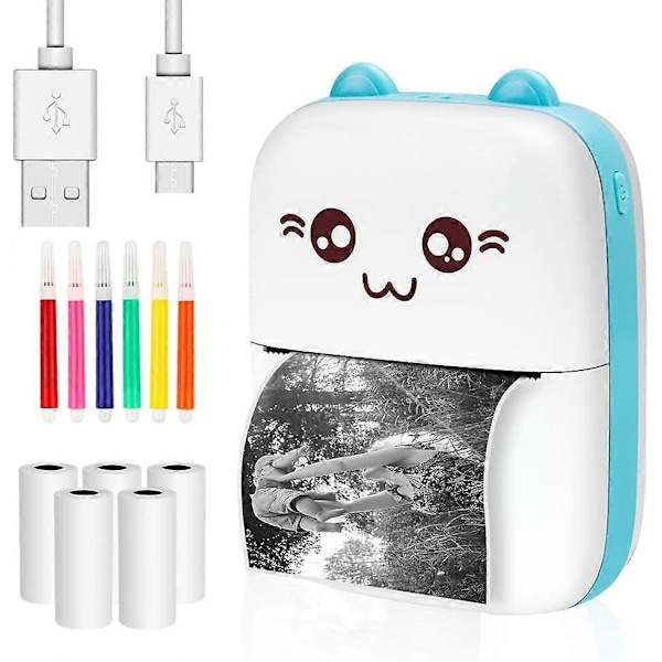 Mini Termisk Printer, Lomme Bluetooth Printer Mobil Termisk Etiketprinter med 5 Ruller Termisk Papir & 6 Farvede Penne, Bærbar Fotoprinter til And