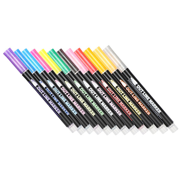 12 stk dobbeltlinjepenner fargerik håndmaling kontur stasjonær highlighter markør 12 farger