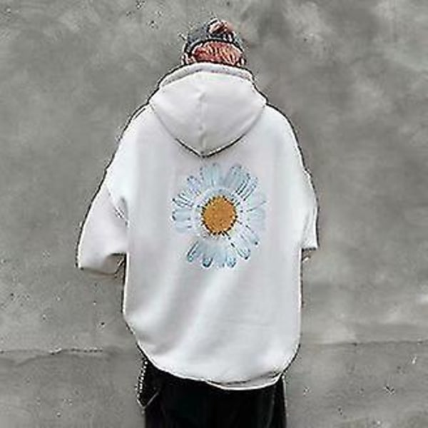 Daisy Print hættetrøje - Casual løs pasform tunika, langærmet mode pullover til kvinder M hvid