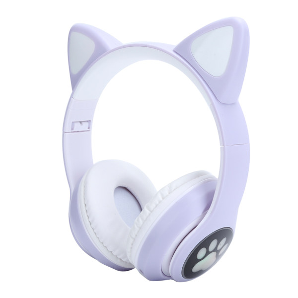 Bluetooth 5.0 hörlurar Cat Ear LED Light Trådlöst söta headset för unga människor Lila katttassmönster