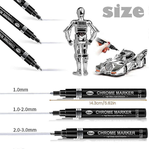 Metallic Marking Markers Pennset - 3 st Flytande Krom Markör Spegel Flytande Krom Färgpenna Set för DIY Konst Hantverk Silver