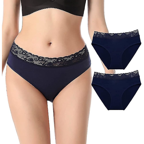 Lace Waistband Full Briefs - 2pcs Women's Cotton Underwear L Dark blue