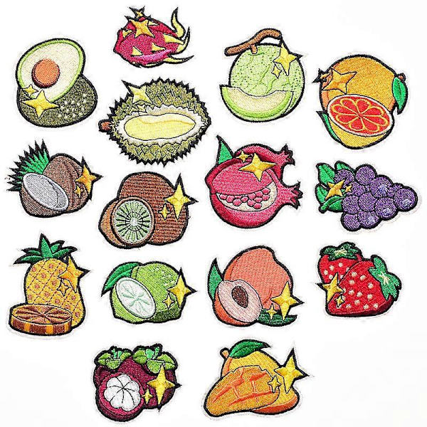 Sarja 15 sarjakuvamaisen hedelmän kangastarroja, durian, viinirypäle, avokado, ananas, kirjontamerkit, liimattavat vaatteet, laukut, kengät ja hatut, personoidut