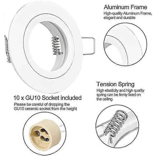 10x Gu10 Infälld Spotlight Aluminium Vit, Spotlights Monteringsram Med Gu10 Sockel, Rund Stöd Extra Platt Infälld Spotlight Tak För Led Eller