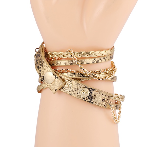 Kvinnor Braid Weave Armband Quartz Analog Rund Watch Armbandsur (Guld)