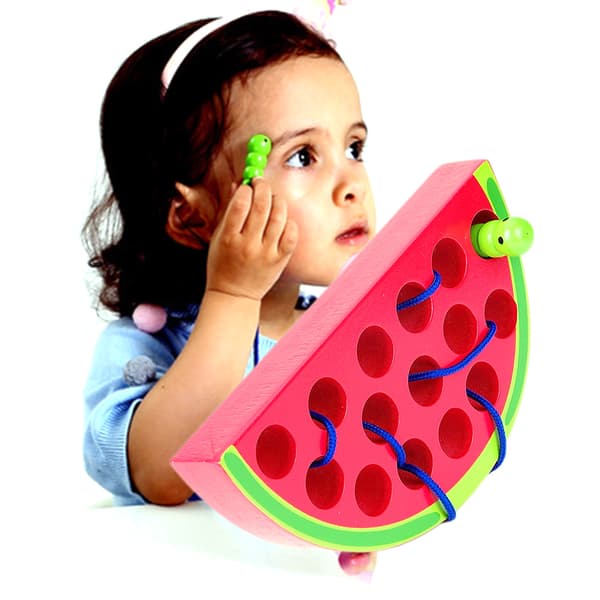 Tre-snøreleke, tre-frukt, orm spiser eple, jordbær, ananas, vannmelon, pedagogiske babyleker for barn