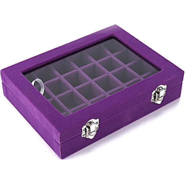 Velvet Glas Smykker Ring Display Organizer Boks Bakke Holder Øreringe Opbevaringsetui (Lilla)