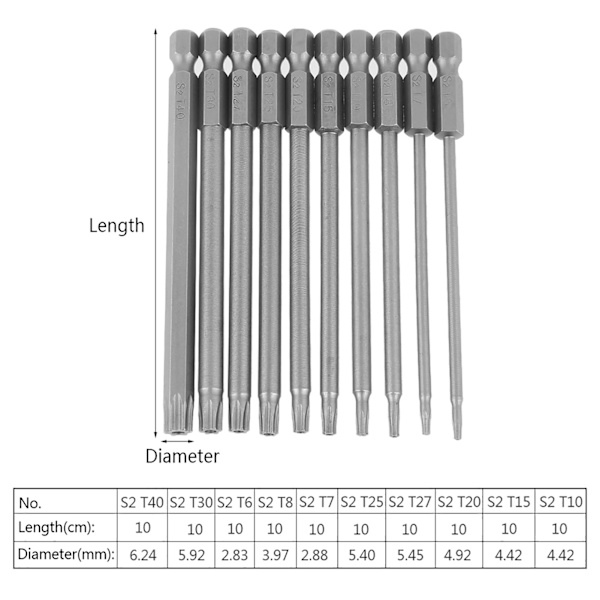 10 kpl 100 mm 1/4 tuuman kuusiovarsi S2 teräs tähtipää ruuvimeisseli BST set