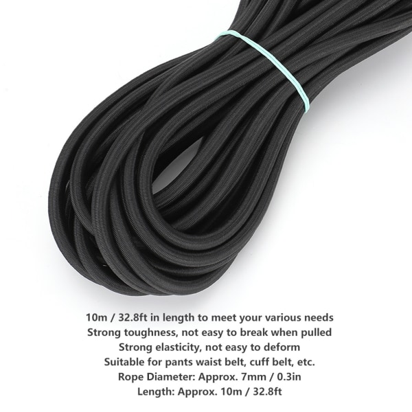 7mm 10m / 32,8ft Vaatteiden pyöreä elastinen köysi vahvalla joustavuudella vaatteille DIY Black