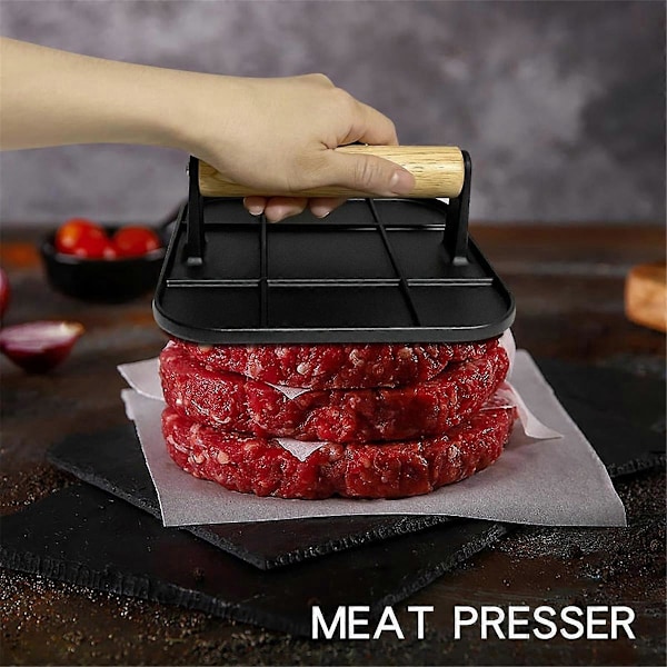 Köttpress med trähandtag 15 cm Fyrkantig Burgerpress