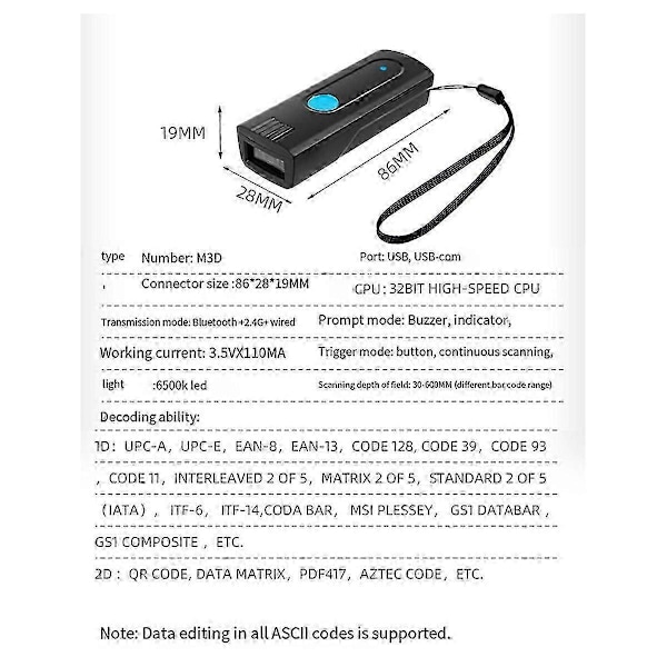Mini Fickstreckkodsläsare Trådlös Bluetooth Direktuppladdning eller Lagringsläge kompatibel med IOS Android System