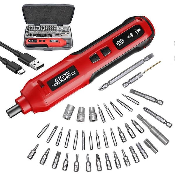 3.6V Cordless Electric Screwdriver Set, 5 Speeds USB Rechargeable Dual LED Light, Portable Cordless Automatic Screwdriver Red