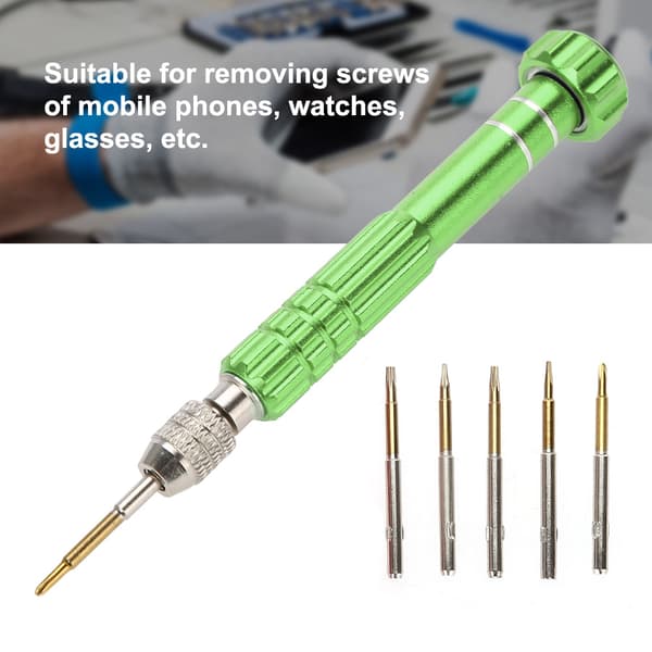 Skruvmejselhandtag med 5 precisionsbits Telefon Glasögon Klocka Reparationsverktygssats (Grön)