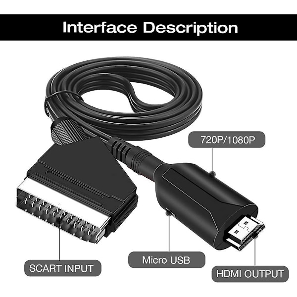 Scart till HDMI Audio/Video-omvandlare, SCART till HDMI-omvandlare, för HD TV-skärm, STB-projektor, VHS, Xbox, PS3, Sky Blu-Ray DVD-spelare