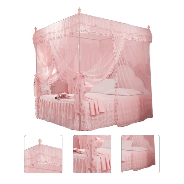 Luksus Princess 3 Sideåbninger Stolpeseng Gardin Baldakin Netting Myggenet Sengetøj (Pink S)