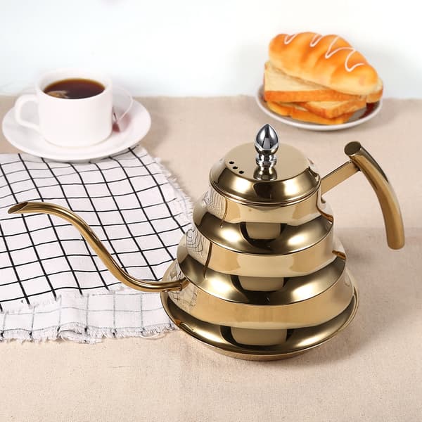 Kaffekanne i rustfritt stål med bambusledd-design, svanehals, for dryppkaffe og infusjon (gull)