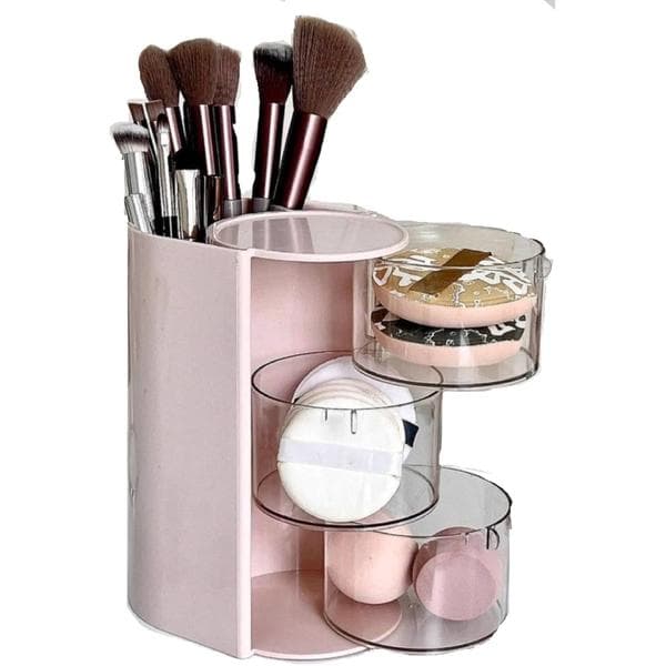 Roterende makeupbørsteorganisator med indbygget hårbørsteholder, tre-lags design
