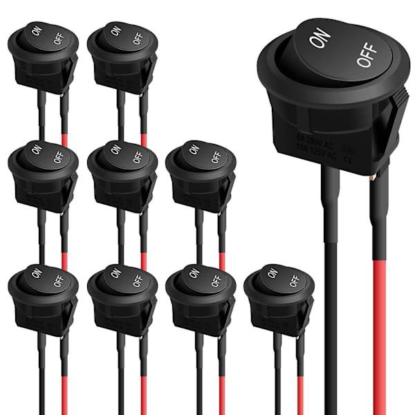 10 st Runda Vippströmbrytare, På/Av Vippströmbrytare, Bilströmbrytare 12V 6A/250V 10A/125VAC Förkopplade Vippströmbrytare för Bil, Lastbil