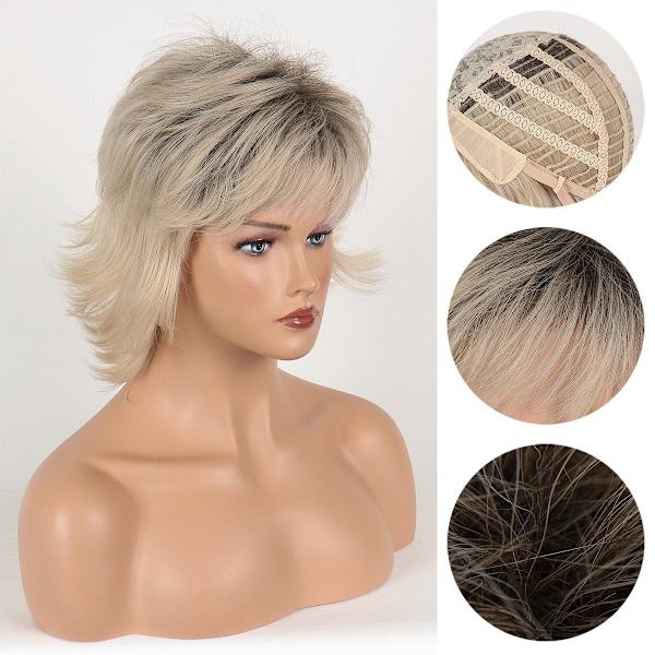 Ljusblond Bleach Black Curly Short Wig Syntetfiberperuk för kvinnor