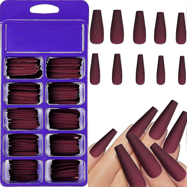 100 Stycken Matta Extra Långa Naglar Kista Lösnaglar Enfärgad Full Täckning Falska Naglar Matta Med Låda För Kvinnor Flickor Nageldekorationer (vinröd)