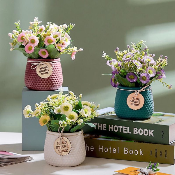 Keramisk Daisy vase med små kunstige rosenblomster til bryllup, kontor, bord, vindue, stue, soveværelse, fest