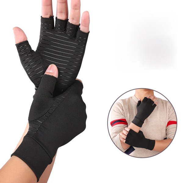 Inomhussport Kopparfiber Fitness Omvårdnad Tryck Halvfingerhandskar Rehabilitering Träning Artrit(svart M)