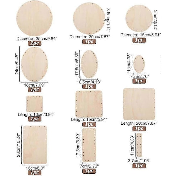 12 stk Kurvbunn for Rattan 12 Stiler Rund/Oval/Rektangel/Firkantet Trekurvbase Kurvrotting Flettet Brett med 3mm Forhåndsboret Hull for D
