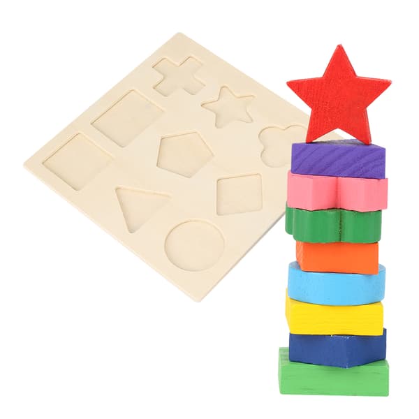 Rolig Barn Trä Geometri Form Träpussel Stapling Byggkloss Tidig Lärleksak