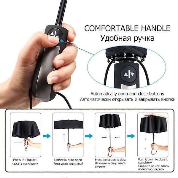 Herre Vindtæt Automatisk Paraply 3 Foldbar Kompakt Paraply - (Sort)
