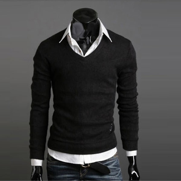 Klassisk strikket V-hals sweater til mænd - Langærmet pullover L Sort