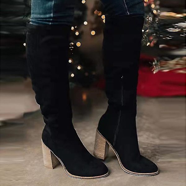Vintermode Kvinders Over-the-Knee Ruskind Støvler med Tyk Hæl 38 Beige
