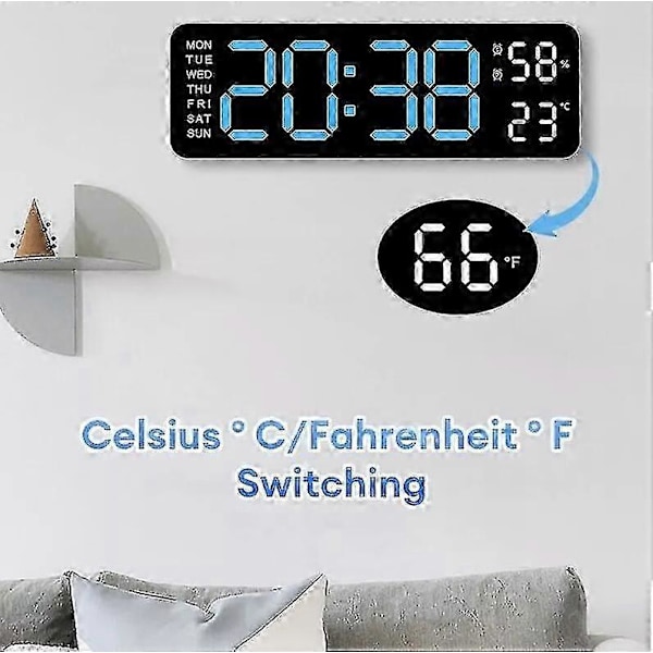 Digital LED Stor Skjerm Vegg Skrivebord Vekkerklokke Med Kalender Temperatur Dato Svart skall blått lys