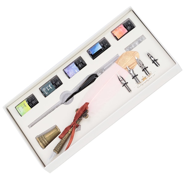 Kalligrafi Pen Set Glas Bläck Fjäder Fountain Pen med Utbytbart Spets Skriv Present Box KitSP118839 Guldhuvud Rosa