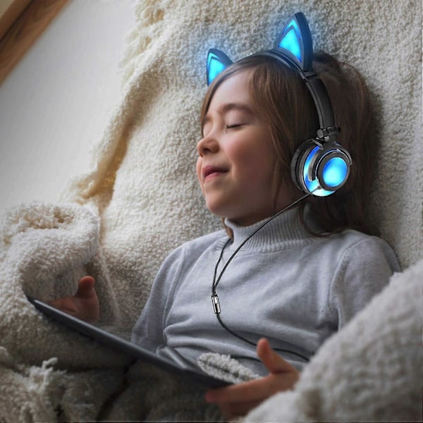 Kattehodetelefoner for jenter og gutter, blinkende LED-hodetelefoner med mikrofon, universelle kablede 3,5 mm