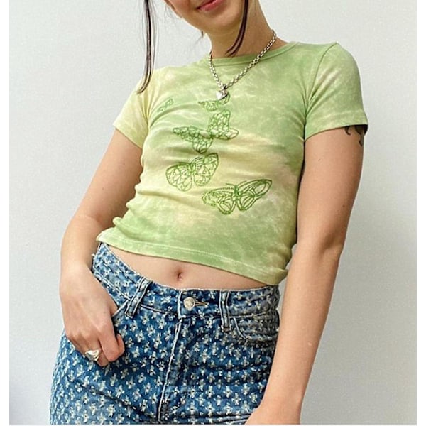 Naisten Y2k Graafinen Painatus Crop Top Söpö Pyöreä Pääntie Lyhythihainen T-paita E-Girls Teini Kesävaatteet Katumuoti vihreä L