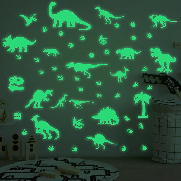 Selvlysende Dinosaur Vægklistermærker, Dinosaur Vægklistermærker til Børne-/Babyværelse, Dinosaur Fodaftryk Vægklistermærker, Aftagelig Fluorescerende Vægklistermærke til B
