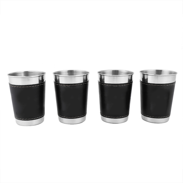 4 kpl 170 ml ruostumattomasta teräksestä valmistettuja mini-kahvi- ja viinikuppeja nahkakotelolla