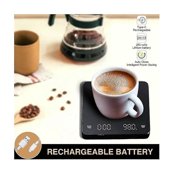 Kaffevåg med Timer, Kaffevåg, 0.1g/3kg, Uppladdningsbar, Auto Av, kompatibel med Barista