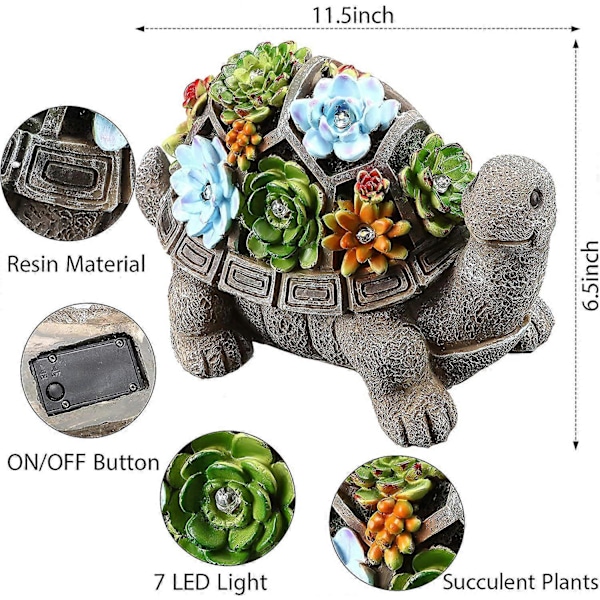 Solar Skildpadde Havefigur Skildpadde Statue Udendørs Dekor Vandtæt Resin Havepynt Skildpadde Skulptur Ornament med 7 LED'er til Terrasse Græsplæne Have Gar