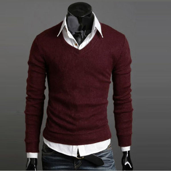 Enkel V-ringad stickad tröja - Herr långärmad pullover L vinröd