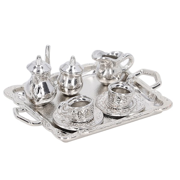 Miniatyr te-set i metall, skala 1/12, realistisk miniatyr tekopp bricka kit för dockhus