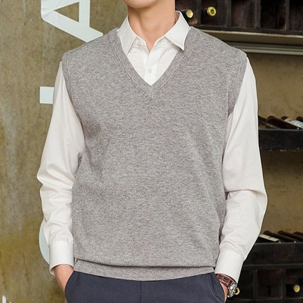 Herre V-hals Ærmeløs Sweater Vest - Løs og Varm S Lysegrå