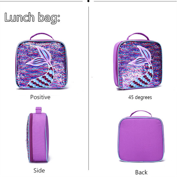 3 i 1 Kid Bokväskor Set Flickor Sjöjungfru Paljetter Ryggsäck med Lunchväska Case för Skol Utomhus Resor Camping Picknick