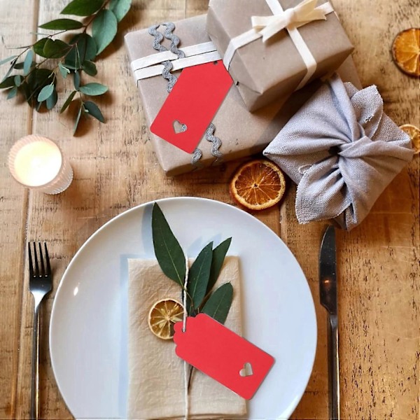 Lahjalaput Kraft-paperi, 9,5 x 4,5 cm, 100 kpl juuttinarulla, häihin, ystävänpäivään, syntymäpäivään, jouluun (Punainen)