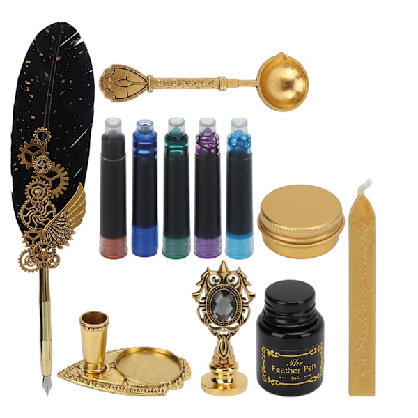 Fjærpenn Business Fire Lacquer Stamp Europeisk Retro Stil Sprinklet Gull Fjær Rustfritt Stål Dip Pen Set med Blekkpose Svart